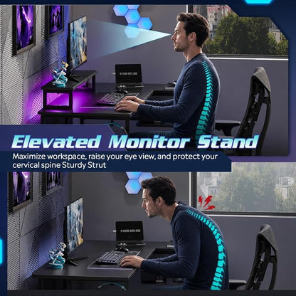 DEVAISE Compact 43" L Shaped Gaming Desk with LED Lights and Power Outlets - Corner Computer Table with Monitor Stand and Storage Shelves for Work and Gaming, Black