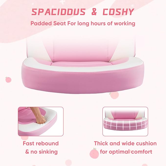 NEWBULIG Gaming Office Computer Chair – Ergonomic Mid-Back with Flip-Up Armrests, Adjustable Height, Lumbar Support & 360° Silent Swivel Wheels, PU Leather for Home/Office, Pink