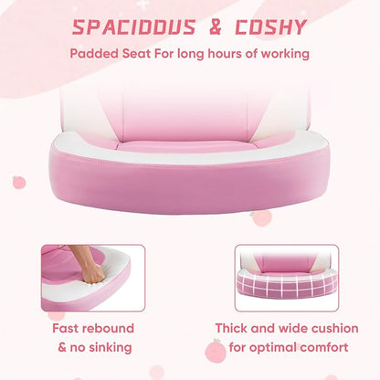 NEWBULIG Gaming Office Computer Chair – Ergonomic Mid-Back with Flip-Up Armrests, Adjustable Height, Lumbar Support & 360° Silent Swivel Wheels, PU Leather for Home/Office, Pink