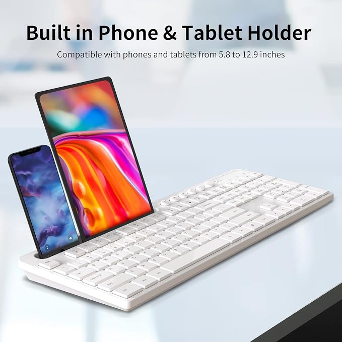 Wireless Keyboard and Mouse Combo, MARVO 2.4G Ergonomic Wireless Computer Keyboard with Phone Tablet Holder, Silent Mouse with 6 Button, Compatible with MacBook, Windows (White)