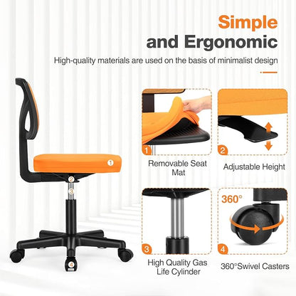 Sweetcrispy Ergonomic Low-Back Mesh Small Office Chair, Rolling Work Swivel Chairs with Wheels, Armless Comfortable Seat Lumbar Support for Home, Bedroom, Study, Student, Adults, Orange