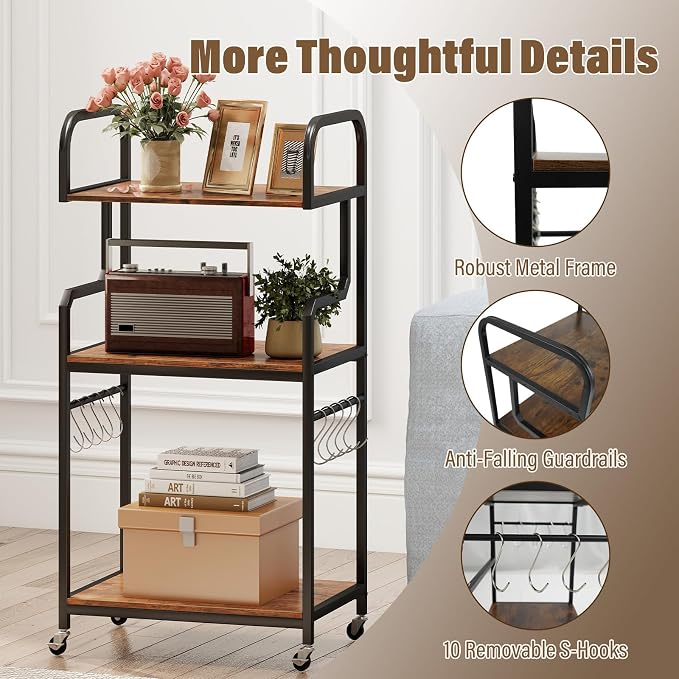 GOFLAME 3-Tier Mobile Printer Stand, Rolling Printer Table with Storage Shelves, 10 S-Shaped Hooks, Lockable Wheels, Home Office Rolling Cart for Shredder, Scanner, Fax (Rustic Brown + Black)