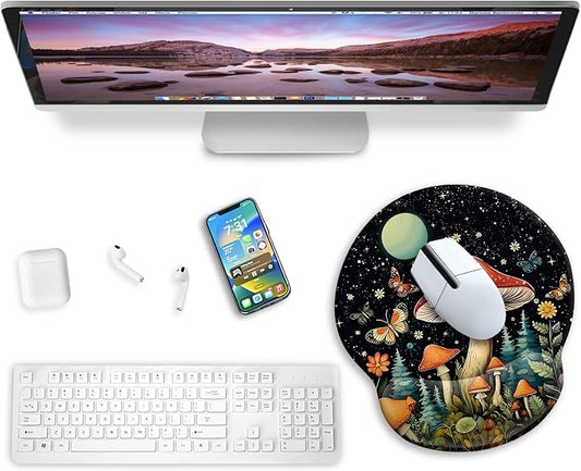 Blusabaca Ergonomic Mouse Pad with Wrist Rest, Mushroom Butterfly Mouse Pads Wrist Support for Desk, Gaming Mousepad for Wireless Mouse Laptop Computer Work Home Desk Accessories Office Supplies Decor