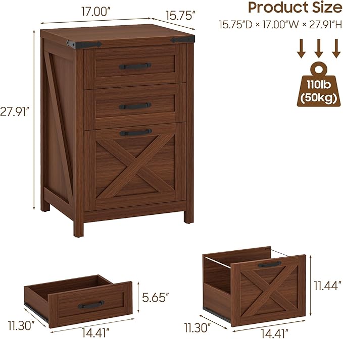 Halitaa 3 Drawer Small File Cabinet, Farmhouse Vertical Filing Cabinet Fits Letter and A4 Size, Under Desk Wooden File Cabinets for Home Office, Printer Stand, Walnut