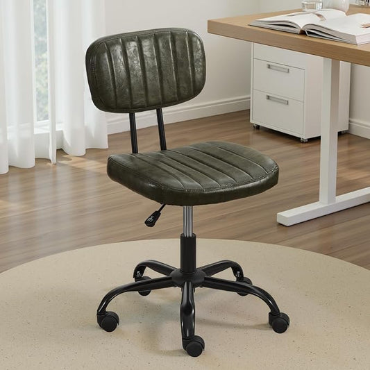 DRMBOOK Small Home Office Desk Chair with Wheels, Armless Comfy Vanity Chair Swivel Computer Task Chair No Arms, Modern Height Adjustable Low Back Rolling Chair for Small Space (PU Leather Green)