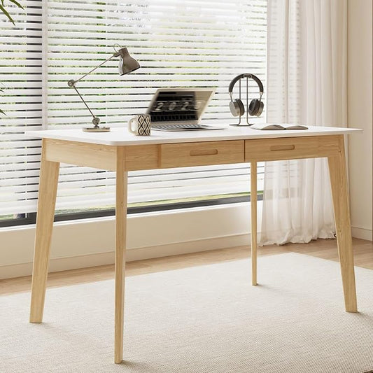 Timechee 40 Inch Compact Computer Gaming Desk, White Study Work Office Desk with 2 Storage Drawers, Rectangular Study Reading Table, Simple Computer Writing Table for Home Office, Living Room