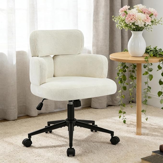Home Office Chair with Unique Curved Back, Wide Seat Computer Desk Chair with Wheels,Swivel Tilt & Height Adjustable, Plush Chenille Fabric Matel Base for Home Office, Beige