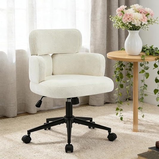 Home Office Chair with Unique Curved Back, Wide Seat Computer Desk Chair with Wheels,Swivel Tilt & Height Adjustable, Plush Chenille Fabric Matel Base for Home Office, Beige