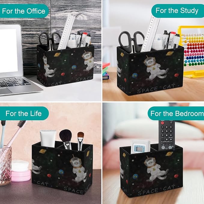 Niapessel Pencil Holder for Desk, Cat Astronaut Outer Space Pen Holder Storage Desktop Pen Organizer Desk Pencil Organizer Makeup Brush Holder for Office School College Leather