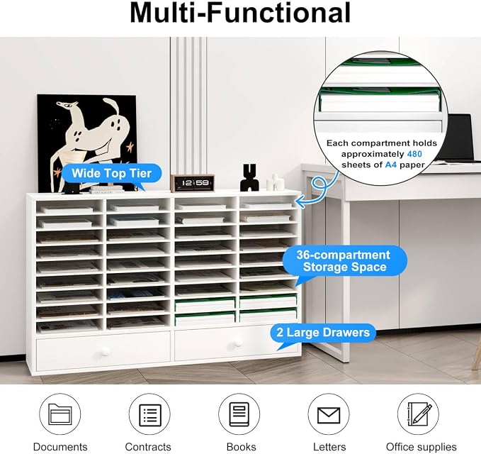 TQAVI Wood Classroom Mailbox 36 Compartments with 2 Drawer, Large Paper Organizer with Adjustable Shelves to Sorting Literature Bill, A4 Size File Organizer for Office School Home, White