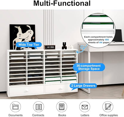 TQAVI Wood Classroom Mailbox 36 Compartments with 2 Drawer, Large Paper Organizer with Adjustable Shelves to Sorting Literature Bill, A4 Size File Organizer for Office School Home, White