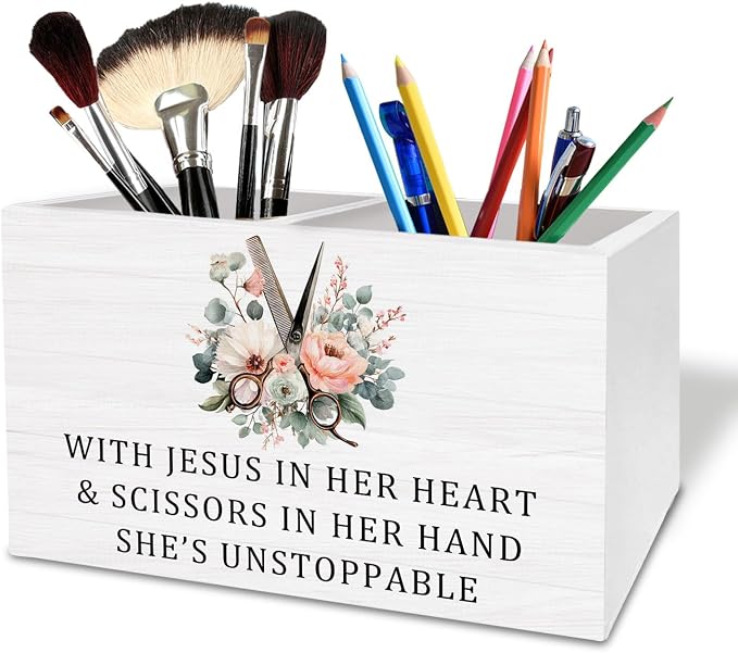 Christian Hairstylist Pen Holder for Desk, Hairdresser Hairstylist Gifts Wooden Box Sign Desk Decor for Hair Beauty Salon Barber Shop Decoration, Barber Gifts Pencil Organizer