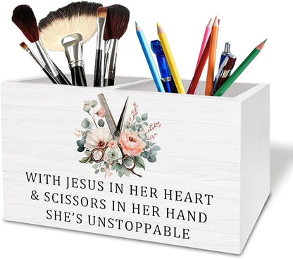 Christian Hairstylist Pen Holder for Desk, Hairdresser Hairstylist Gifts Wooden Box Sign Desk Decor for Hair Beauty Salon Barber Shop Decoration, Barber Gifts Pencil Organizer