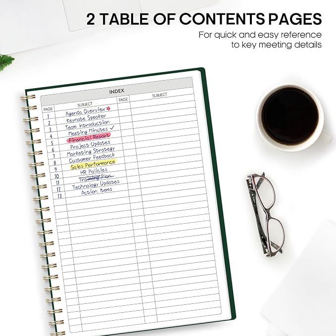 Meeting Notebook for Work Organization - Work Planner Notebook with Action Items, Agenda Planner for Note Taking, 160 Pages (6.9" X 9.9") Project Organizer for Men & Women - Dark Green