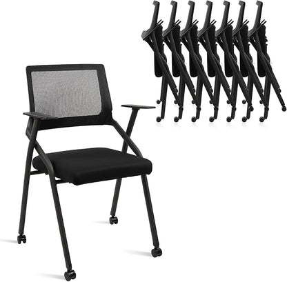 CLATINA Stackable Foldable Conference Room Chairs with Wheels, Portable Padded Office Desk Chair with Lumbar Support and Armrest for Training Room, Guest, Reception, Event, Black (8pk)