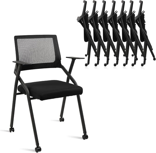 CLATINA Stackable Foldable Conference Room Chairs with Wheels, Portable Padded Office Desk Chair with Lumbar Support and Armrest for Training Room, Guest, Reception, Event, Black (8pk)