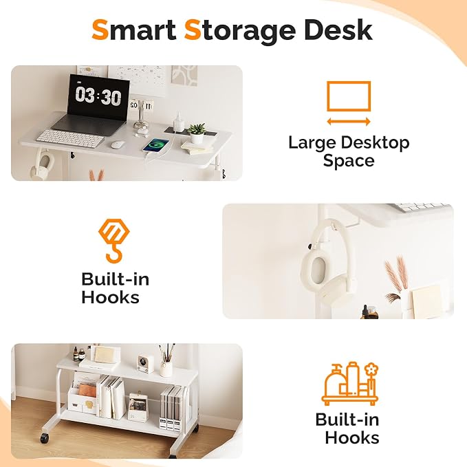 VINGLI 31.5" Mobile Small Standing Desk, Adjustable Height Mobile Computer Desk, w/2 AC Outlets + 3 USB Ports & Hooks, Storage Shelves, Suitable for Gaming, Studying, Home Office, White