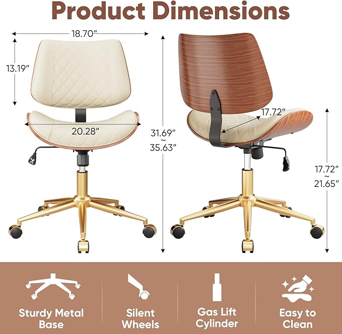 Home Office Desk Chair with Swivel Wheels, Modern PU Leather Armless Office Chair, Small Mid Back Computer Chair for Home Office, Reading Meeting Room (Beige, Gold Wheels)