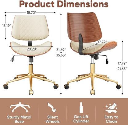 Home Office Desk Chair with Swivel Wheels, Modern PU Leather Armless Office Chair, Small Mid Back Computer Chair for Home Office, Reading Meeting Room (Beige, Gold Wheels)
