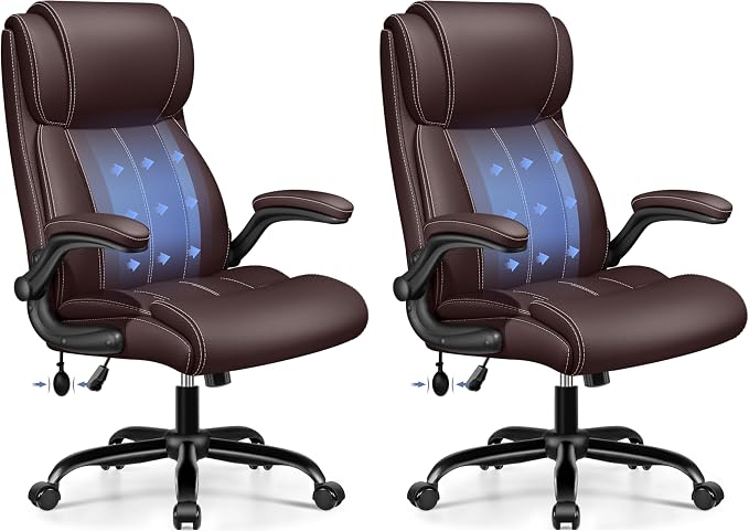 BESTFAIR Ergonomic High Back Office Chair, Adjustable Lumbar, Coffee 2 Pack | Inflatable Lumbar Support For Custom Comfort, Flip-Up Arms, 21" Wide Seat, Scratch-Resistant Pu Leather, Rocking & Heavy-Duty
