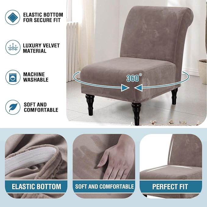 H.VERSAILTEX Armless Accent Chair Covers Thick Velvet Armless Chair Slipcovers High Stretch Chair Covers for Living Room Hotel Machine Washable Furniture Protector with Elastic Bottom, Taupe
