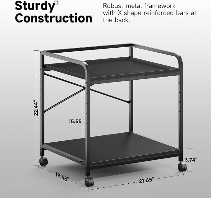 Printer Stand, 22''W X 20''D X 22.4''H Mini Fridge Stand, 3D Printer Table with Storage, Large Printer Cart with Height Adjustable Shelf, Rolling Printer Cart with Wheels for Home Office, Black
