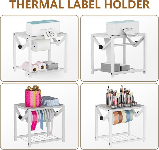 Label Holder for Rolls and Fanfold Labels, Wooden & Metal Thermal Sticker Label Printer Holder for Desktop, Sticker Roll Holder for Home Office Small Business Essentials, White