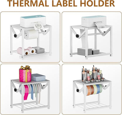 Label Holder for Rolls and Fanfold Labels, Wooden & Metal Thermal Sticker Label Printer Holder for Desktop, Sticker Roll Holder for Home Office Small Business Essentials, White