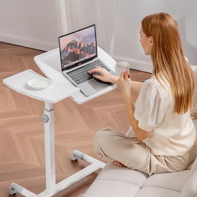 GTPLAYER Small Standing Desk, 28 Inches Tiltable Mobile Rolling Laptop PC Table with Lockable Casters, Adjustable Height Overbed Bedside Table Computer Workstation for Home Office, White-Tiltable