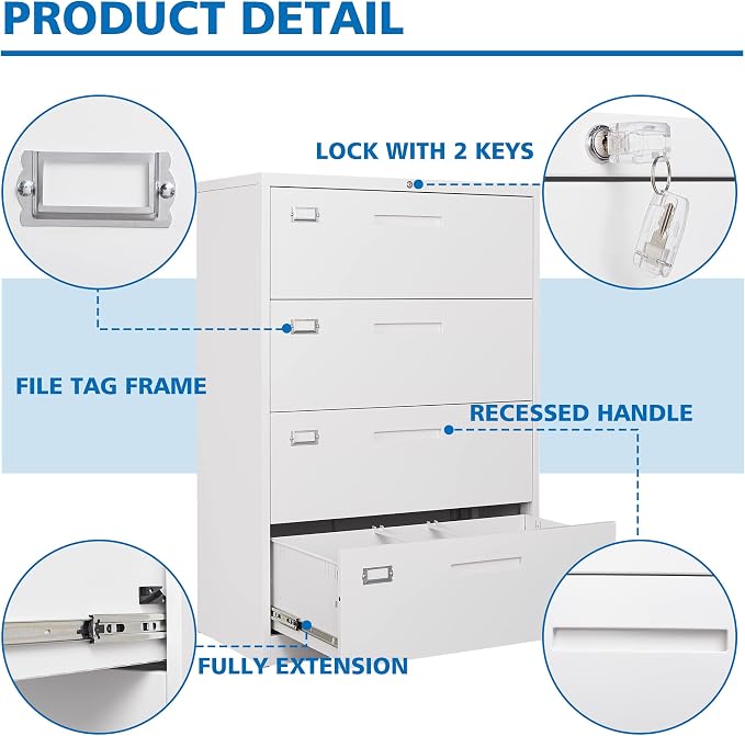 BYNSOE 4 Drawer File Cabinet with Lock Metal Lateral File Storage Cabinet Office Home Steel Lateral File Cabinet for A4 Legal/Letter Size Wide File Cabinet Locked,Assembly Required (4 Drawer, White)
