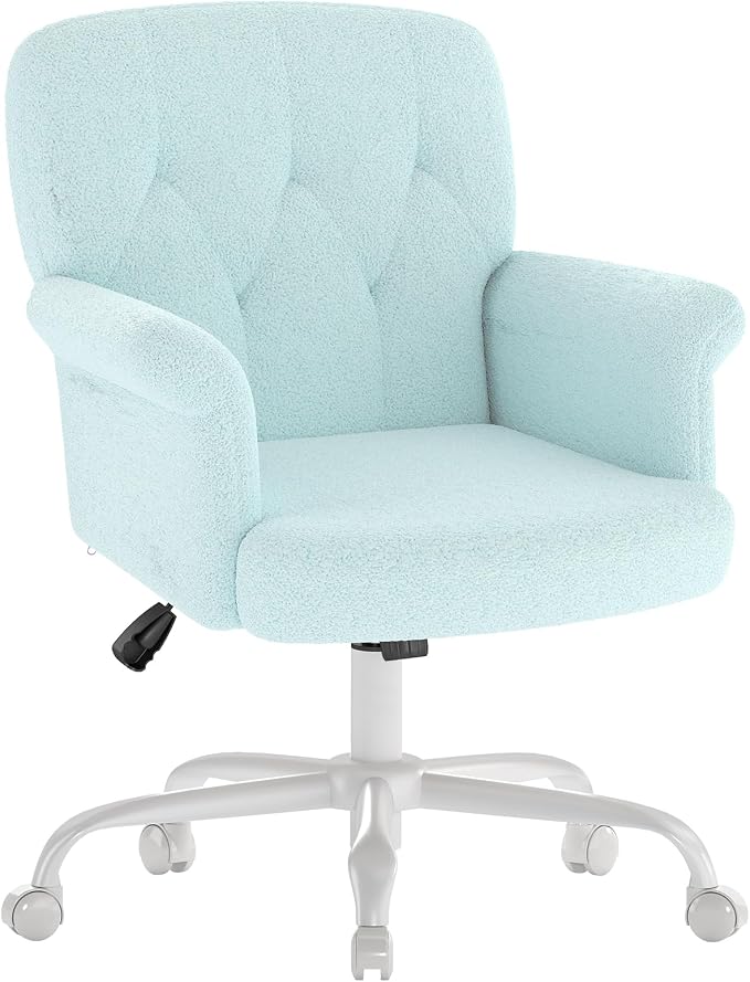 Comfy Home Office Desk Chair, Upholstered Fuzzy Vanity Chair with Wheels and Arms, Modern Adjustable Swivel Computer Seat for Make Up, Home Office, Living Room, Bedroom, Teddy Fleece, Blue