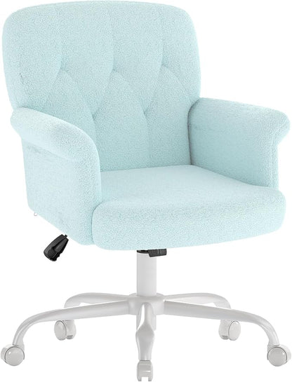 Comfy Home Office Desk Chair, Upholstered Fuzzy Vanity Chair with Wheels and Arms, Modern Adjustable Swivel Computer Seat for Make Up, Home Office, Living Room, Bedroom, Teddy Fleece, Blue