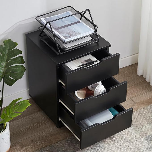 Farini Wood File Cabinet for Home Office,Under Desk 3 Drawer Mobile File Cabinet(Black,Fully-Assembled)