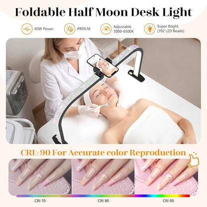 LIONVISON Half Moon Light for Nail Desk: 29" Arch Light for Nail Tech Lamp with Phone Holder - 3 Color Modes & 10 Brightness - 40W Foldable LED Nail Desk Lamp for Manicure, Craft(Crystal Diamond)