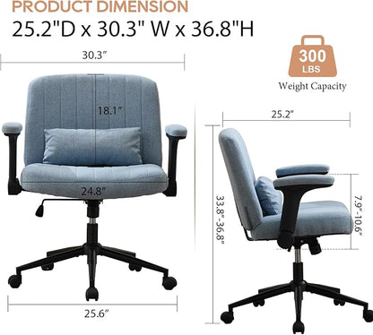 IPKIG Criss Cross Chair with Adjustable Flip-up Arms, Vanity Chair with Wheels, Comfy Desk Chair with Lumbar Pillow Swivel Wide Office Chair for Home Office, Bedroom, Linen, Blue