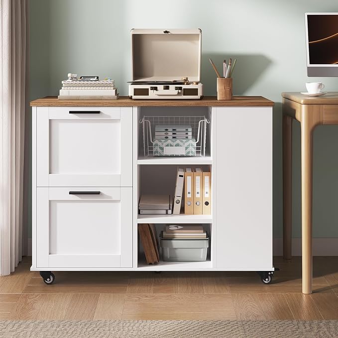 Lateral File Cabinet, 2 Drawers Mobile Filing Cabinet for Home Office, Printer Stand with Adjustable Open Shelves, with Locking Casters, fit Legal/Letter/A4 Files, Walnut and White