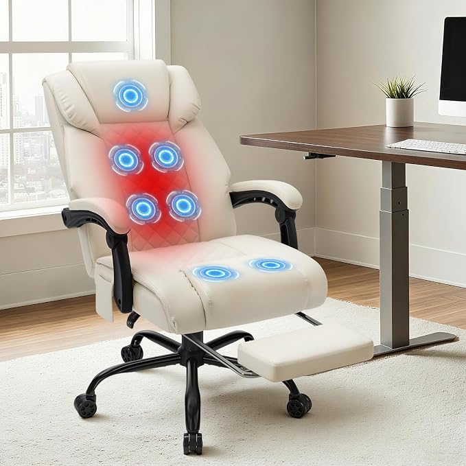 HOFFREE 7 Points Vibration Massage Office Chair with Heat Ergonomic Executive Office Chair with Footrest Reclining Home Office Desk Chairs Beige