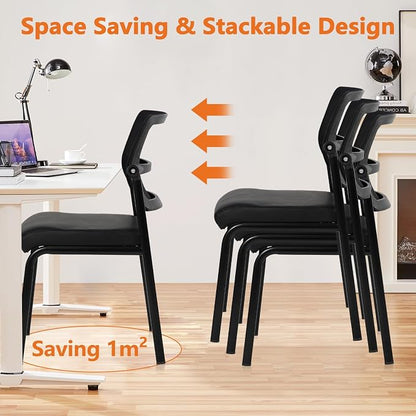 CLATINA Stackable Mesh Office Chair Armless Guest Waiting Stacking Chair with Ergonomic Lumbar Support & Leather Seat Cushion, for Conference, Lobby, School, Reception, BlackTotal Budget, Black