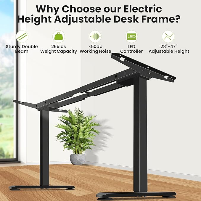 farexon Dual Motor Electric Standing Desk Frame with Cable Management Tray, Wheels & Hooks, Heavy Duty Stand Up Desk Legs Dual-Beam Frame,265 lbs Capacity up to 78" x 40" Tops (Black Frame Only)