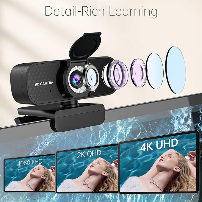 2K HD Webcam with Wide Angle Lens, Privacy Cover, Auto Light Correction and Noise-Canceling Mic, Plug & Play USB Camera for Desktop/Laptop/Mac/PC, Compatible with Teams/Zoom/Skype/Streaming Black