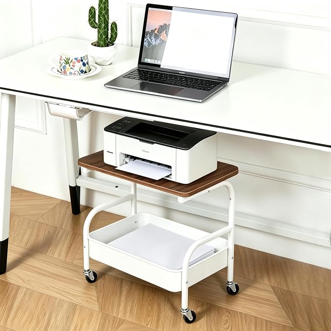 Under Desk Printer Stand with Storage 2 Tier Rolling Printer Cart with Wheels, Mobile Short Under Shelf Storage Small RollingTable Cart for Home and Office, White
