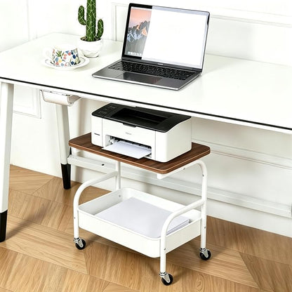 Under Desk Printer Stand with Storage 2 Tier Rolling Printer Cart with Wheels, Mobile Short Under Shelf Storage Small RollingTable Cart for Home and Office, White
