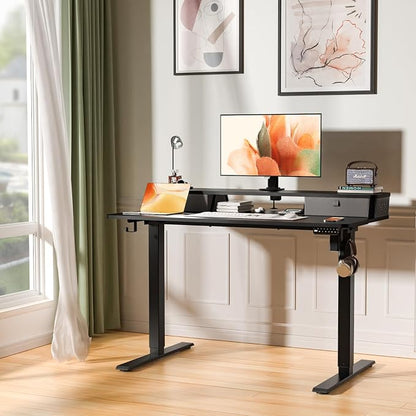 Electric Standing Desk with Two Drawers,48 x 24 Inch Sit Stand Desk Adjustable Height, Stand Up Desk with Storage Shelf, Computer Workstation for Home Office, Black