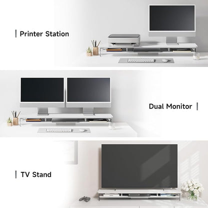 Fenge Acrylic Monitor Stand, 42.5 Inch Clear Dual Monitor Riser with Metal Storage, 2 Tier Computer Riser with LED Lights for Desk, Laptop, Printer, TV