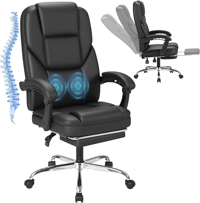 Furmax Massage Office Chair with Foot Rest Executive Big and Tall Office Chair Ergonomic Home Office Desk Chairs, Reclining High Back Leather Chair with Lumbar Support, 400LBS (Black)