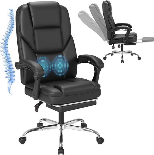 Furmax Massage Office Chair with Foot Rest Executive Big and Tall Office Chair Ergonomic Home Office Desk Chairs, Reclining High Back Leather Chair with Lumbar Support, 400LBS (Black)