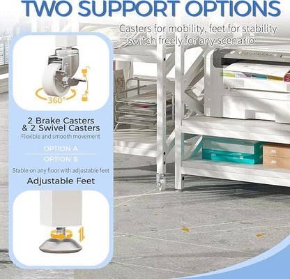 METYERRY Large Printer Stand with Power Outlet, with Height Adjustable Storage Shelf, 3 Tier Rolling Printer Cart with Industrial Wheels, 23.6 x 23.6 Inches Printer Table for Home Office, White