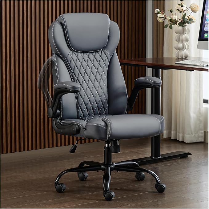 amseatec Office Chair with Flip-Up Arms, Ergonomic PU Leather Executive Desk Chair with 90°Lock & Rocking Function, Lumbar Support Swivel Computer Chair for Home Office, Oversized 300lbs (Gray