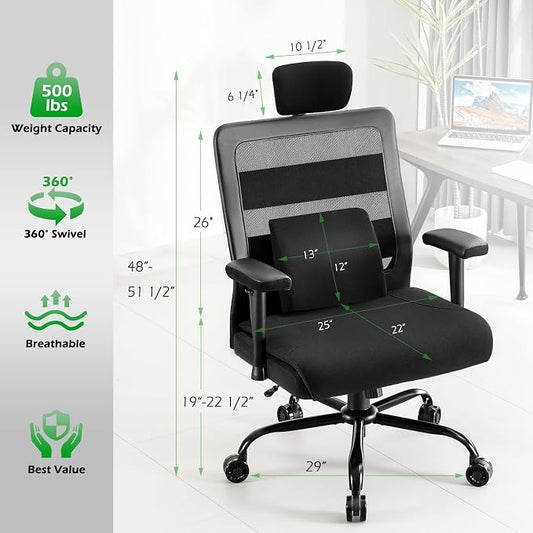 Extra Wide Seat Office Chair for Big and Tall 500lbs, with High Back Adjustable Headrest Lumbar Support Arms Wheels Heavy Duty (Breathable Fabric Seat)