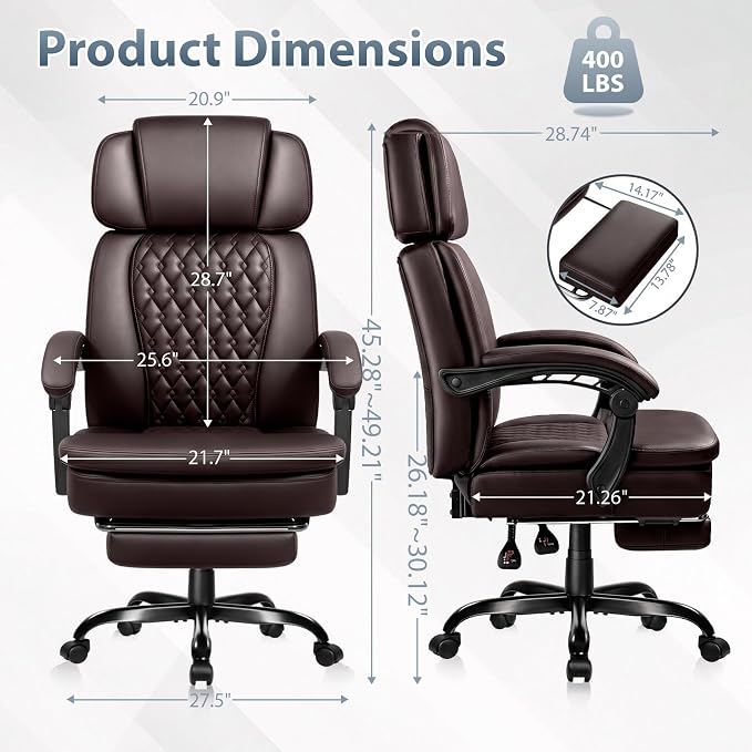 PRETZI Executive Office Chair 400LBS, Ergonomic Office Chair with Foot Rest, Heavy Duty Desk Chair for Home Office, Reclining High Back PU Leather Computer Chair Comfy, Brown